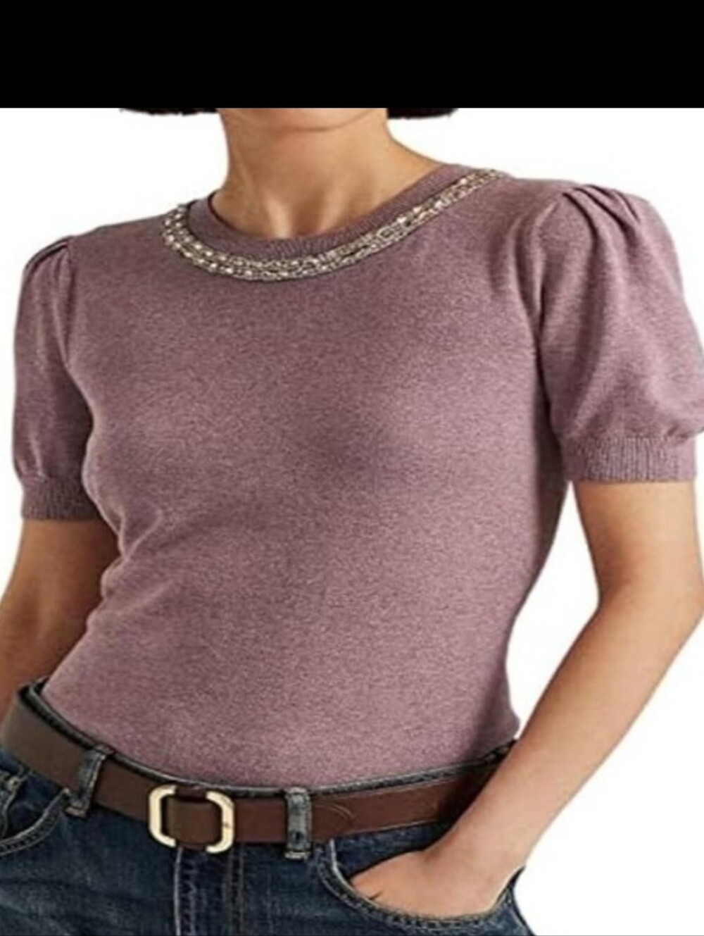 Ralph Lauren Mauve Beaded Puff-Sleeve Knit Top with Jeweled Neckline XL
